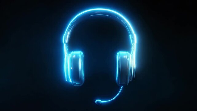 Blue Neon Light Headphones, Podcast and Gaming Communication Icon for Online Streaming, Audio Production and Digital Entertainment with Glowing Effect, Video