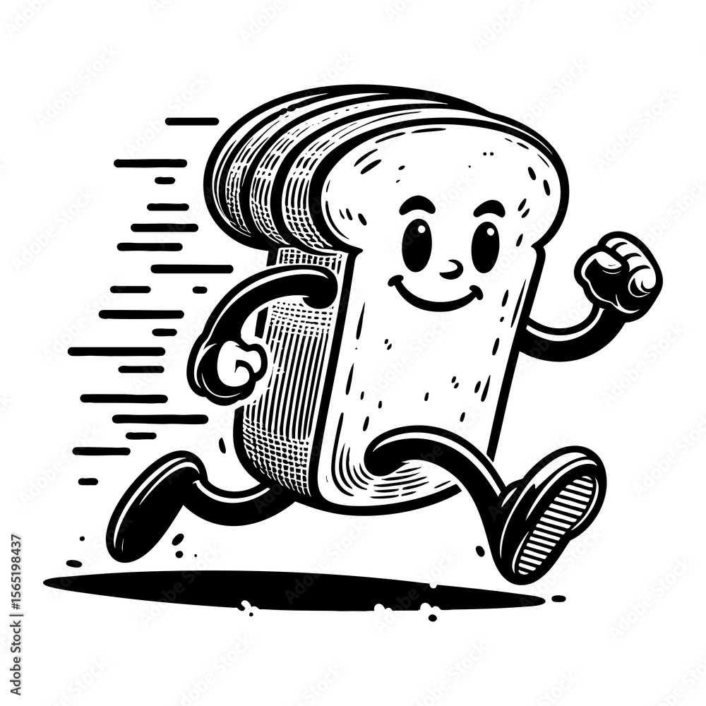 Poster smiling cartoon bread slice with arms and legs, running energetically with motion lines sketch engra