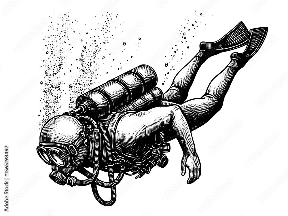 Poster scuba diver exploring underwater sketch engraving generative ai fictional character png illustration