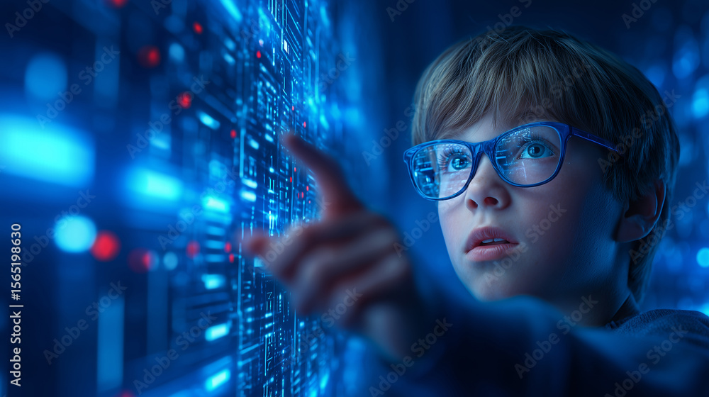 Poster a young boy with glasses is focused on a vibrant digital display, interacting with virtual elements 