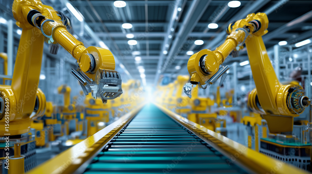 Poster robotic arms equipped with precision tools engage in streamlined assembly tasks along a conveyor bel