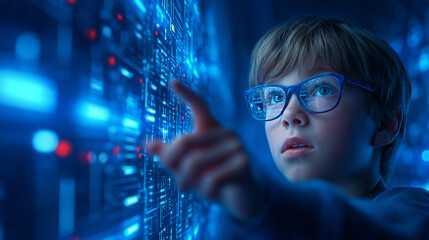 A young boy with glasses is focused on a vibrant digital display, interacting with virtual elements that illuminate his face in a futuristic setting. He appears curious and determined