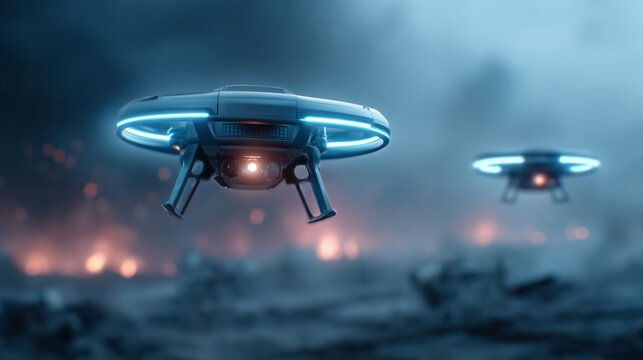 Two futuristic drones hover in a smoky, chaotic landscape as they survey the area during twilight. Their glowing lights pierce through the haze in a captivating display of technology and atmosphere