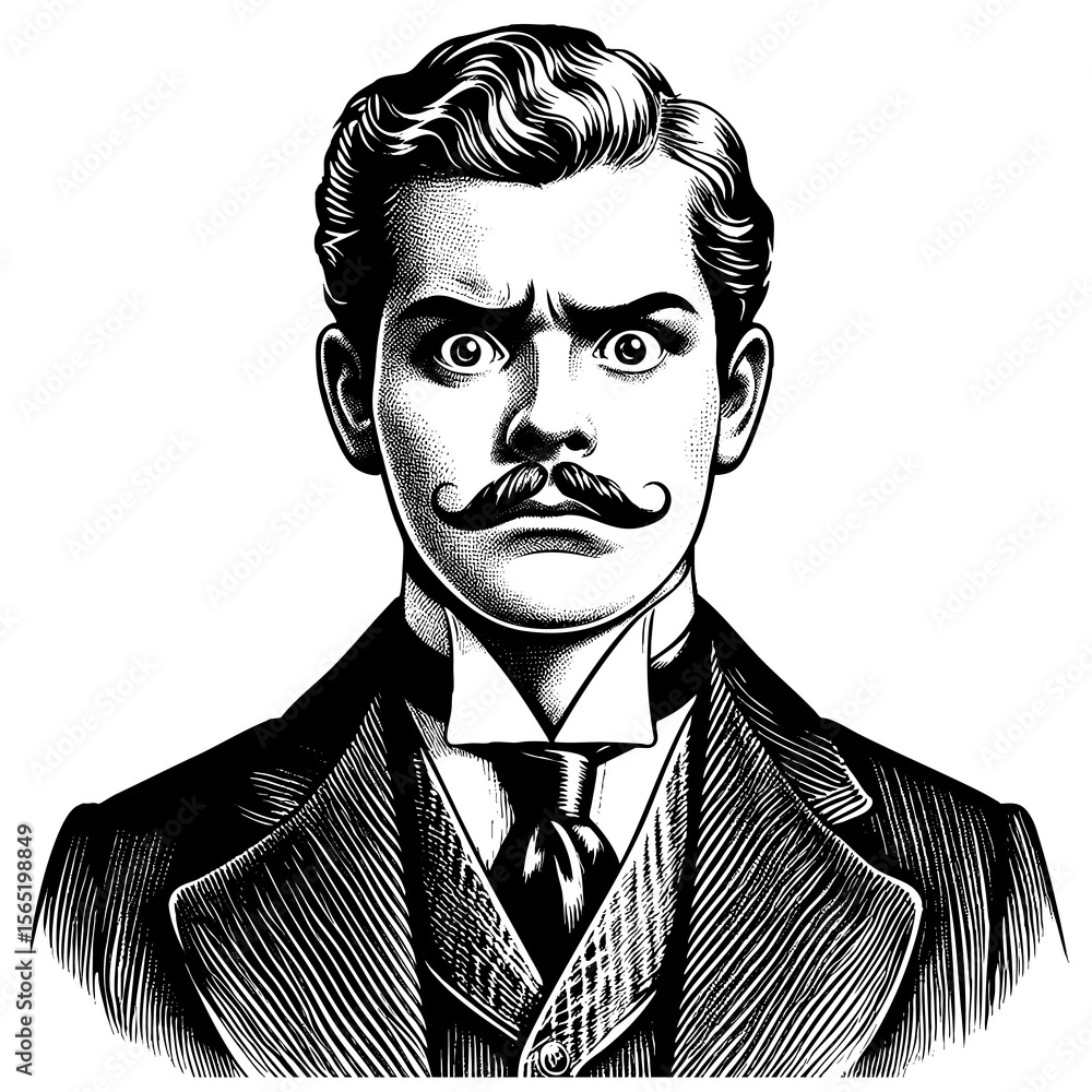 Poster victorian man with a sharp mustache and wide-eyed, surprised expression in formal attire sketch engr