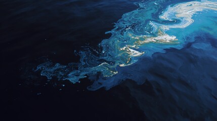 An aerial view of swirling blue and white oil spill patterns on dark ocean water.
