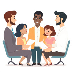 Obraz premium A small team of three executives are discussing performance reviews. The group includes men and women of different ages and backgrounds.