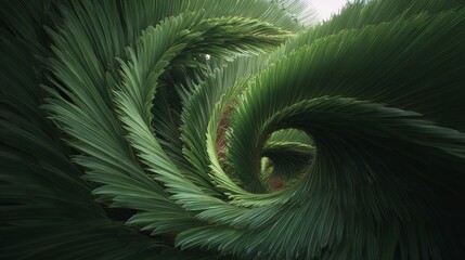 A close-up of a spiraling pattern formed by lush, green palm leaves creating a natural vortex effect.
