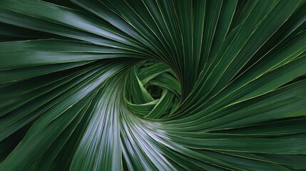 Obraz premium Close-up of green palm leaves arranged in a spiral pattern with visible veins creating a natural, symmetrical design.