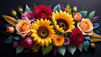 vibrant floral arrangement with roses sunflowers and colorful blossoms against a dark background