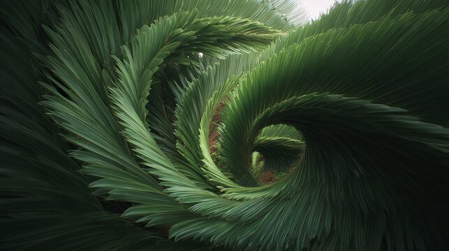 A close-up of a spiraling pattern formed by lush, green palm leaves creating a natural vortex effect.