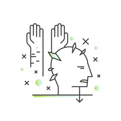 Self-harm methods with scissors, razor blade, knife, and bandaged arm. Depression, suicide risk, mental illness, emotional pain, psychological trauma, crisis, thin line vector icon logo