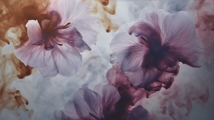 Ethereal translucent flowers blend with swirling purple and brown ink in water, creating a dreamy, artistic underwater effect.