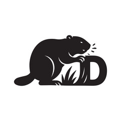 Fototapeta premium A black silhouette of a beaver standing on the letter d with grass in the background