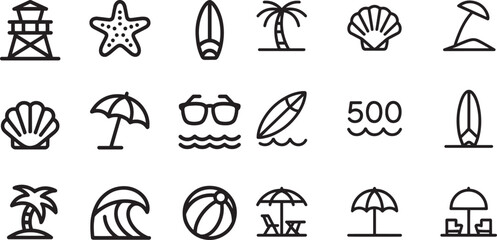 Beach vacation icons lifeguard tower surfboard palm tree umbrella vector