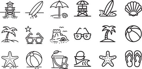 Beach vacation icons including lifeguard tower surfboard umbrella starfish and flip flops vector