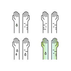 Obraz premium Self-harm methods with scissors, razor blade, knife, and bandaged arm. Depression, suicide risk, mental illness, emotional pain, psychological trauma, crisis, thin line vector icon logo