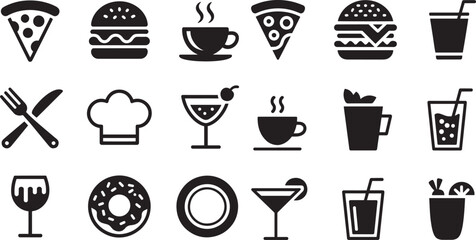 Collection of black food and drink icons pizza burger