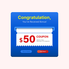 $50 Coupon Gift Banner Design with Congratulations Bonus Message, Blue Background Voucher Template for Sale Promo, E-Commerce Reward, Digital App Offer or Shopping Event