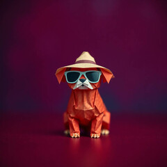 Origami Dog with Sunglasses and Hat on Purple Background