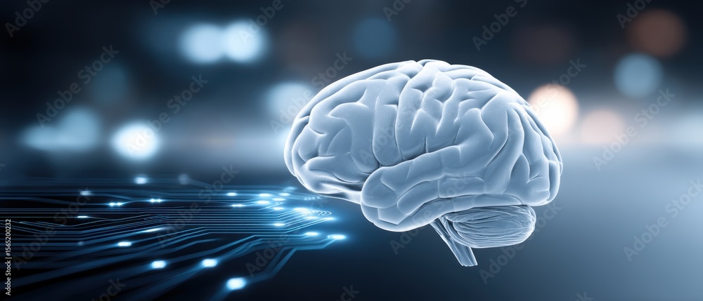 Poster a digital brain connected to a circuit board symbolizes artificial intelligence and the fusion of hu