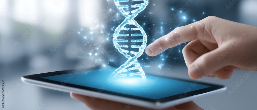 Poster a glowing 3d dna helix projection emerges from a tablet screen as a hand reaches to interact with th