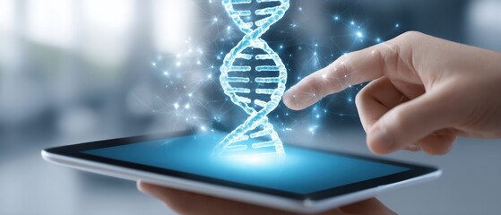 A glowing 3D DNA helix projection emerges from a tablet screen as a hand reaches to interact with the digital genetic model.