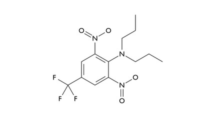 trifluralin molecule, structural chemical formula, ball-and-stick model, isolated image herbicide