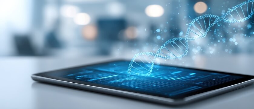 A digital tablet displays data with a glowing 3D DNA double helix, symbolizing genetics and biotechnology in a futuristic setting.