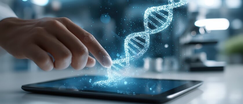 A person interacts with a digital tablet displaying a glowing, holographic DNA double helix in a futuristic scientific setting.