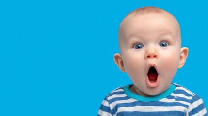 A shocked baby's adorable reaction to astonishing news is captured against a blue studio backdrop with available copy space