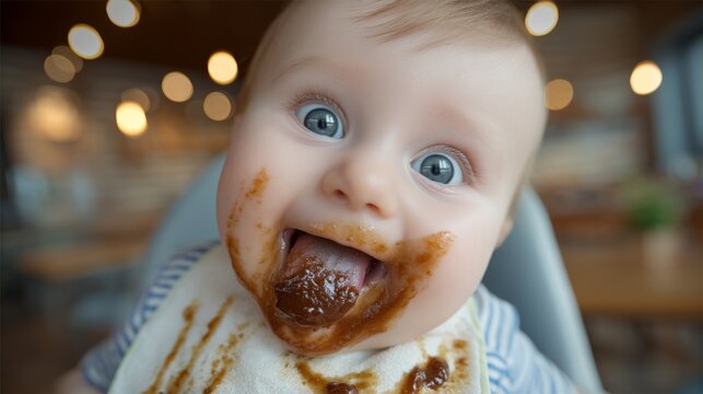 A candid moment of a baby laughing in a high chair, with food all over their face, lit by natural light, is a joyful scene perfect for advertising family and baby food products, offering copy space