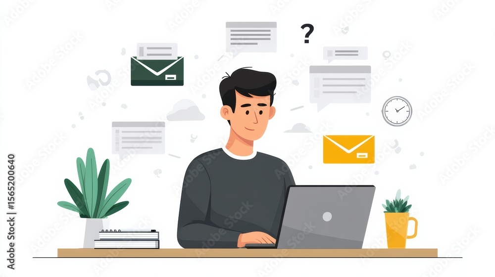 Poster a man works on a laptop at a desk, surrounded by floating message icons and question marks, indicati