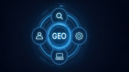 Glowing text GEO and circle interface with icons, showing Generative Ranking and AI Optimization concept