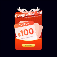 Congratulations Gift Coupon Banner Design with $100 Voucher Bonus, Red and Yellow Reward Card Layout for Flash Sale, Free Coupon Event, Digital Promo or App Reward Campaign