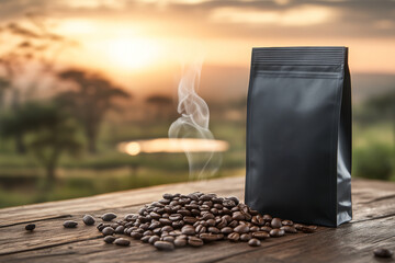 Hot coffee beans with steam, black coffee packaging, afro background. Generative AI