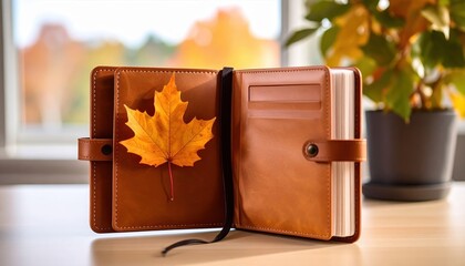 A brown leather notebook with a vibrant autumn leaf on it, set against a blurred fall background