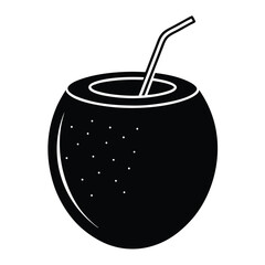 Stylized black silhouette of a coconut with a straw for drinking