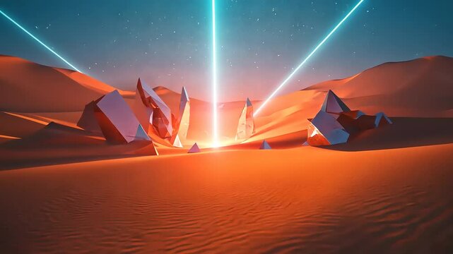Desert landscape with neon lights and geometric rock formations