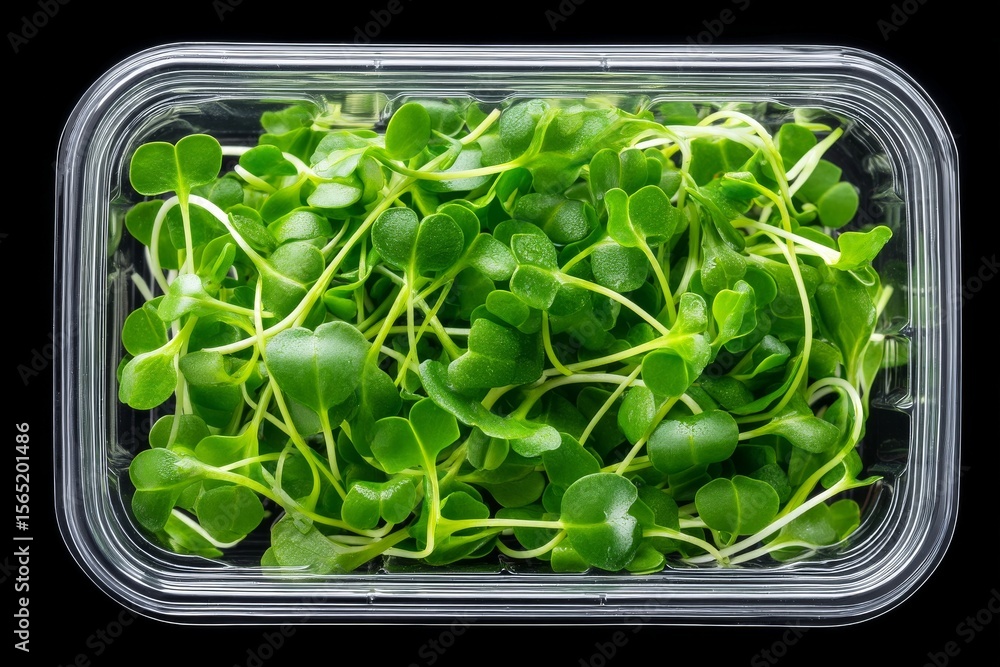 Poster a top view of nutritious microgreens is visible in a plastic container from up close