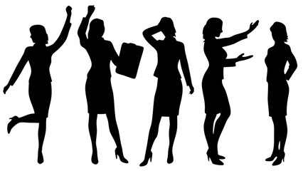 Vector silhouette illustration of businesswomen in various professional poses. Includes standing, walking, presenting, using devices. Ideal for corporate, teamwork, or office design projects.