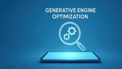 Sleek tablet device with glowing virtual search icon and bold Generative Engine Optimization text, symbolizing AI Optimization in futuristic clean tech design