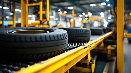 Fototapeta premium Automotive tire production line with moving conveyor, multiple tires in production, side profile view