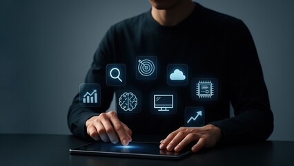 Man sit at desk touching tablet screen with floating icons, showing AI Optimization tools for Generative Ranking tasks