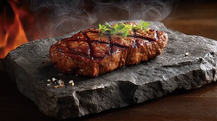 juicy grilled steak served on a stone slab plate  . aspect ratio 16:9
