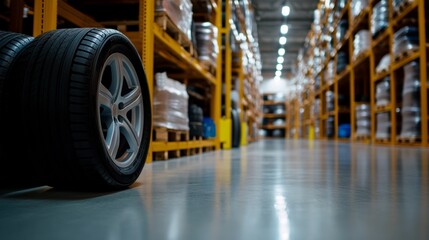 Fototapeta premium Brand new car tires ready for distribution, warehouse interior