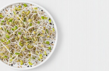 On a white background, a plate filled with fresh microgreens is photographed from the top, illustrating the idea of nutritious and healthy vegetarian food