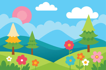 Vibrant Spring Landscape Illustration Colorful Flowers, Mountains, and Trees