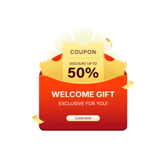 Welcome Gift Coupon Banner Design with Up to 50 Percent Discount Offer, Red Envelope Graphic with Golden Vouchers, Claim Now Button for New User Promotion Campaign