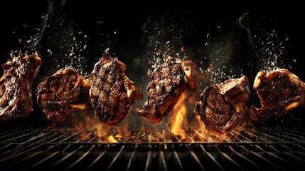 juicy grilled steaks being grilled on a searing flame grill  . aspect ratio 16:9