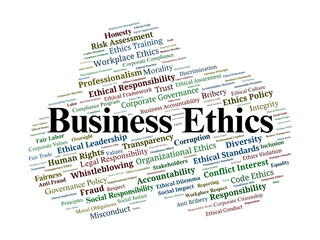 Business Ethics Word Cloud. Core Values Of Integrity, Responsibility, And Professional Conduct